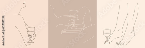 Set of Female Figures Holding a Glass of Wine in a Minimal Trendy Style. Vector illustrations of Women's Legs and Hands
