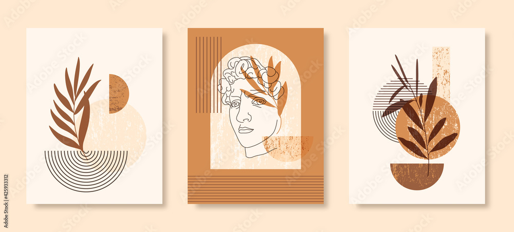 Set of Abstract Boho Illustration with Antique Statue David, Geometric Shapes and Leaves. Vector Contemporary Background