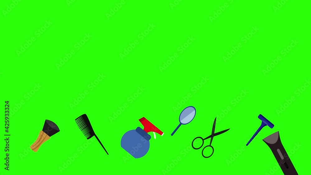 Barber shop tools flat elements animation on green screen chroma key Barber shop tools flat elements animation on green screen chroma key