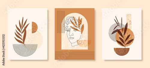 Set of Abstract Boho Illustration with Antique Statue David, Geometric Shapes and Leaves. Vector Contemporary Background