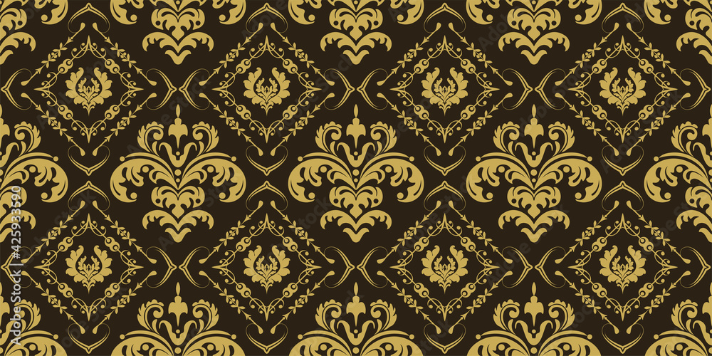 Gold background pattern with floral ornaments on a black background. Seamless pattern, texture for your design. Vector image 