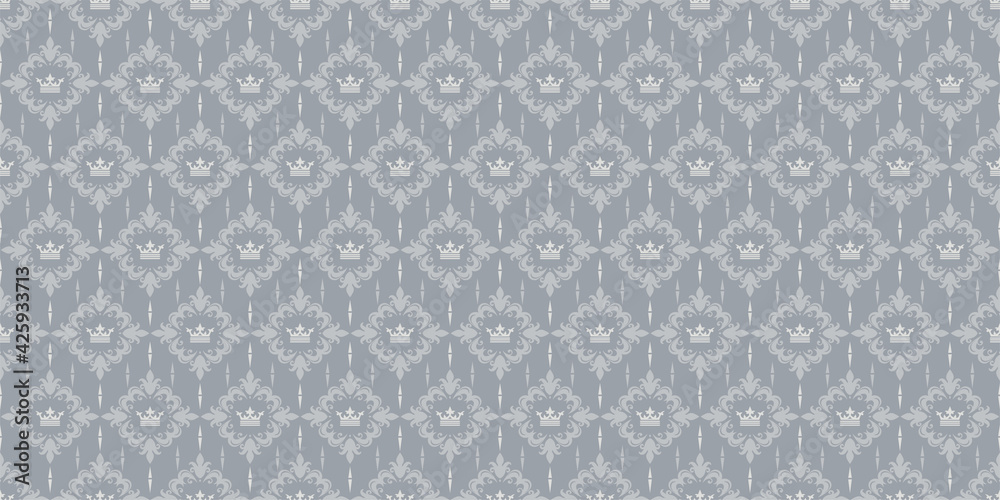 Background pattern with ornament in the royal style on a silver background. Seamless wallpaper texture for your design. Vector graphics