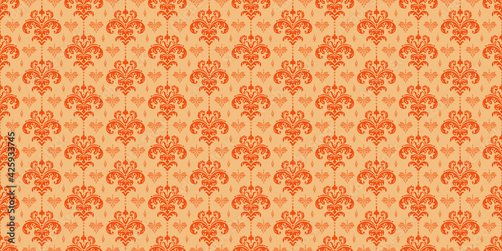 Vintage background pattern with floral ornaments in orange tones. Seamless wallpaper texture for your design. Vector image