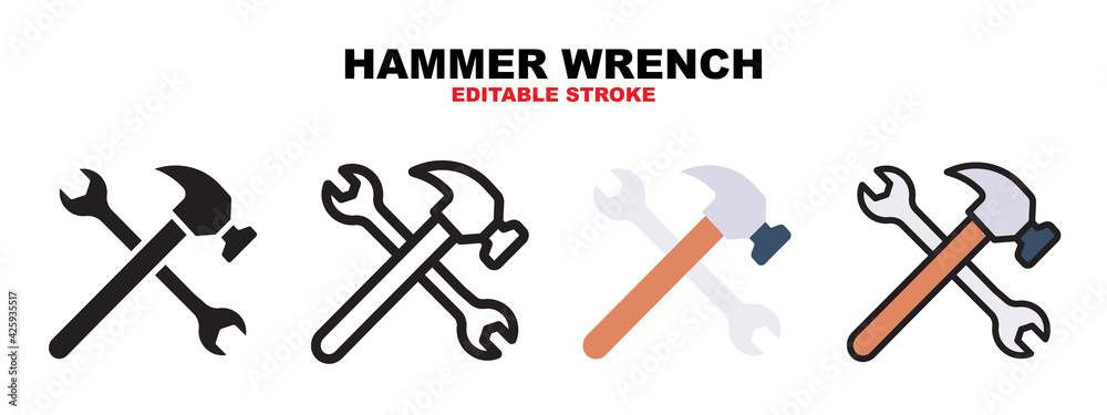 Hammer Wrench icon set with different styles. Icons designed in filled, outline, flat, glyph and line colored. Editable stroke and pixel perfect. Can be used for web, mobile, ui and more. Hammer Wrench icon set with different styles. Icons designed in filled, outline, flat, glyph and line colored. Editable stroke and pixel perfect. Can be used for web, mobile, ui and more.
