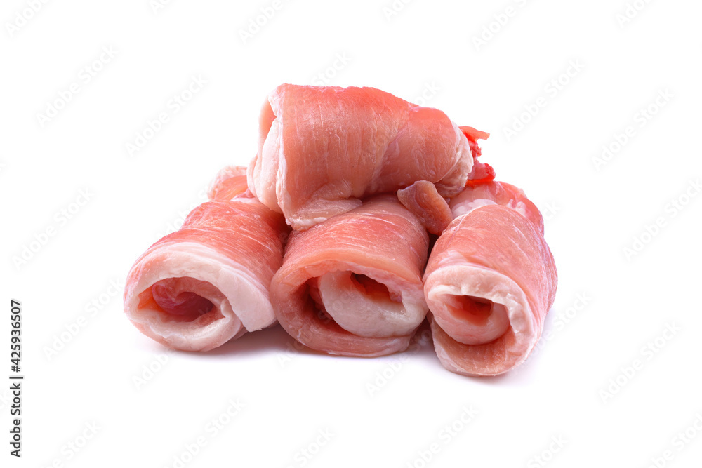 Pork meat rolls isolated on a white background.selective focus. Pork meat rolls isolated on a white background.selective focus.