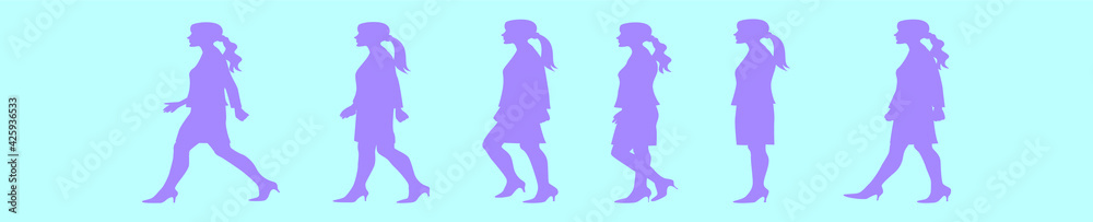 set of young women walk cycle cartoon icon design template with various models. vector illustration isolated on blue background