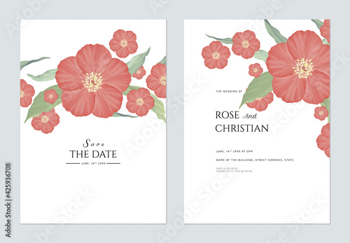 Floral wedding invitation card template design, red flowers with leaves on white
