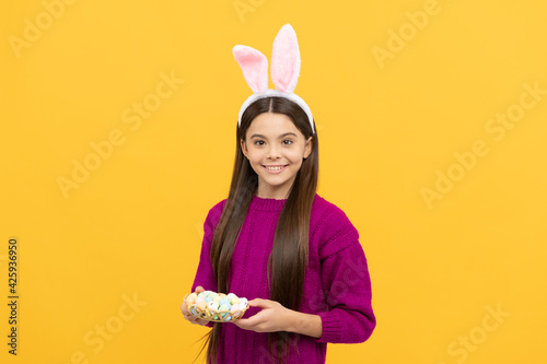 happy teen girl wear bunny ears. happy easter. childhood happiness. child in rabbit costume