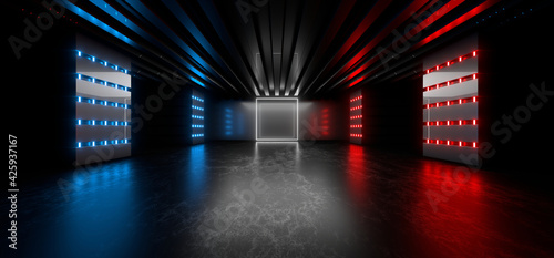 Sci Fy neon lamps in a dark tunnel. Reflections on the floor and walls. 3d rendering image.