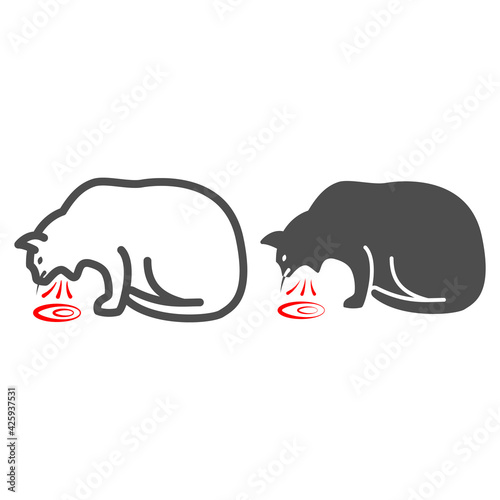 Helminthiasis in cat line and solid icon, Diseases of pets concept, cat vomited sign on white background, sick kitten icon in outline style for mobile concept and web design. Vector graphics.