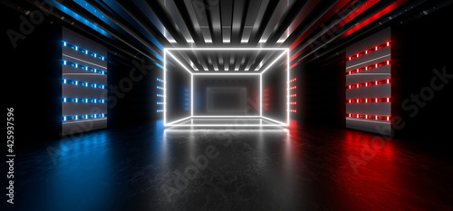 Sci Fy neon lamps in a dark tunnel. Reflections on the floor and walls. 3d rendering image.