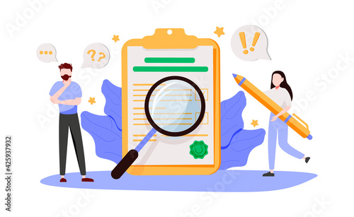 Survey vector illustration. Flat mini persons concept with quality test and satisfaction report. Feedback from customers or opinion form. Client answers understanding with professional research team