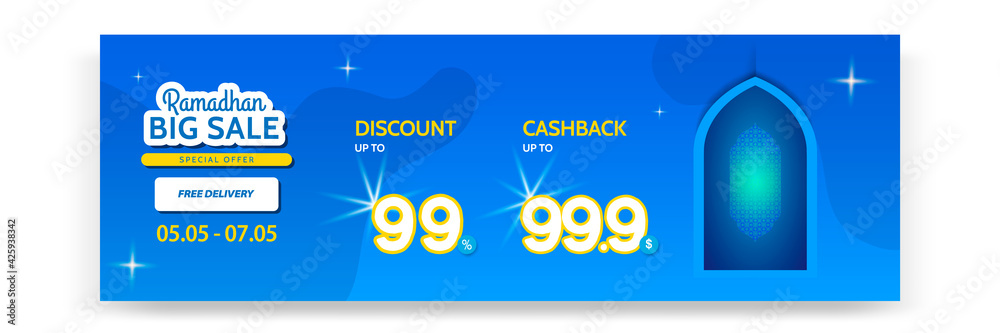 Naklejka premium Sale banner Ramadhan or ramadan template in blue yellow white color. Modern minimal gradient layout with mosque design element.