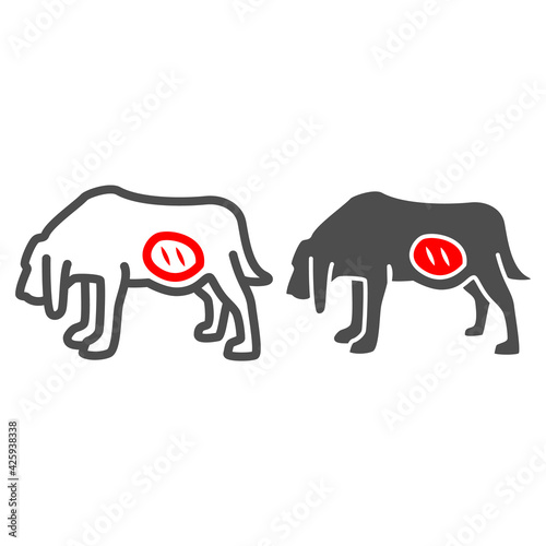 Volvulus of stomach in dog line and solid icon, Diseases of pets concept, pet with gastritis sign on white background, stomach disease in dog icon in outline style for mobile and web. Vector graphics.