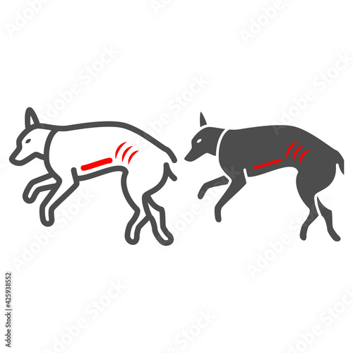 Foreign body in dog stomach line and solid icon, Diseases of pets concept, pet with gastritis sign on white background, stomach disease in dog icon in outline style for mobile, web. Vector graphics.