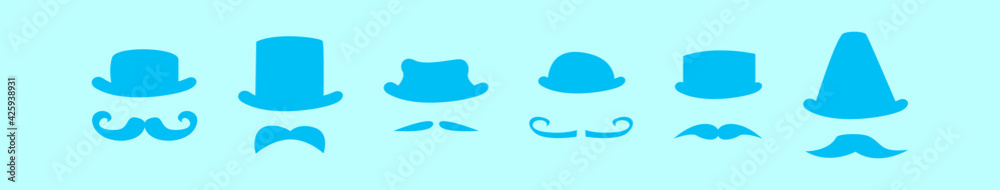 set of mustache and hats cartoon icon design template with various models. vector illustration isolated on blue background set of mustache and hats cartoon icon design template with various models. vector illustration isolated on blue background