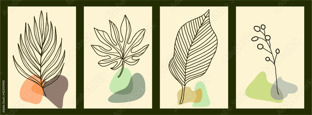 Obraz Botanical wall art vector set. Foliage line art drawing with abstract shape. Abstract Plant Art design for print, cover, wallpaper, Minimal and natural wall art. Vector illustration.