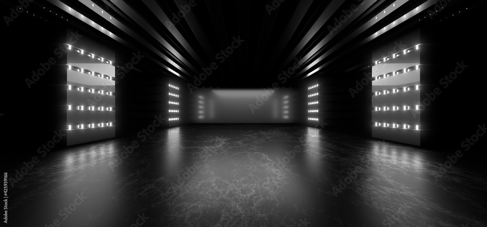 Obraz premium A dark corridor lit by white neon lights. Reflections on the floor and walls. 3d rendering image.