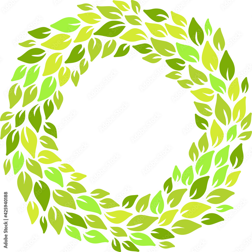 Fototapeta premium Eco style green leaves round frame. Eco friendle pattern with copyspace. Vector illustration.