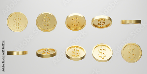 Set of golden coin with dollar sign in different shape on white background. 3d rendering.