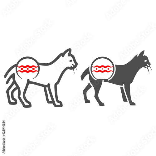 Lymphosarcoma in cat line and solid icon, Diseases of pets concept, intestinal damage in kitten sign on white background, sick cat icon in outline style for mobile and web design. Vector graphics.