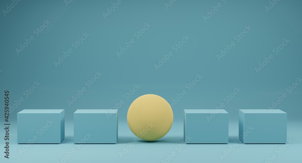 Yellow spheres outstanding among blue box on blue background. Concept of outstanding and different creative. 3d rendering.