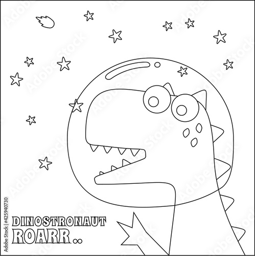 Cute dinosaur astronauts in space,  Cartoon outlines on white background isolated vector illustration, Creative vector Childish design for kids activity colouring book or page.