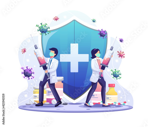 Doctors with injections are fighting against the covid-19 coronavirus. Vaccination concept vector illustration