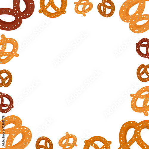 Cute cartoon style pretzel, knot-shaped baked pastry vector square frame, border for food, snack design.