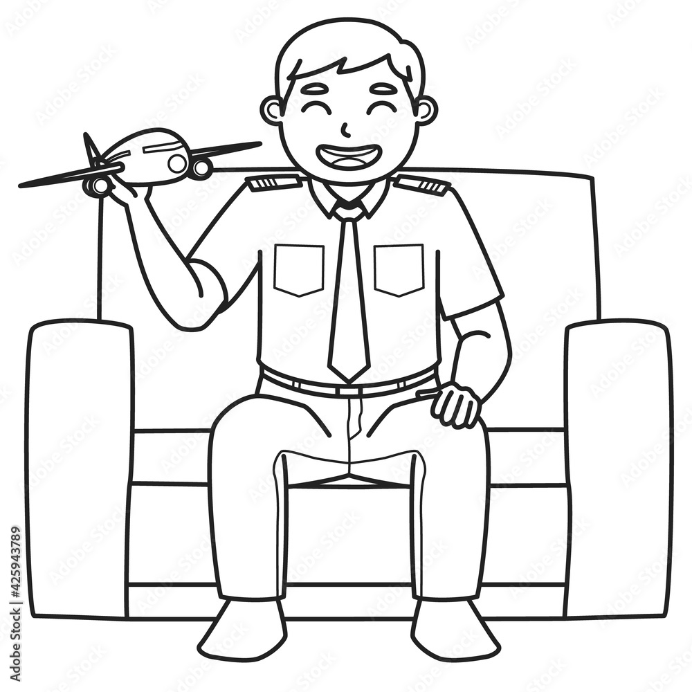 Dad Character Who is a Pilot Holds a Toy Plane While Sitting on the Sofa. Black and White Color. Coloring Book Illustration.