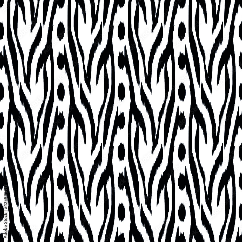 Ikat seamless pattern as cloth, curtain, textile design, wallpaper, surface texture background. Black and white. Vector EPS10 Ikat seamless pattern as cloth, curtain, textile design, wallpaper, surface texture background. Black and white. Vector EPS10