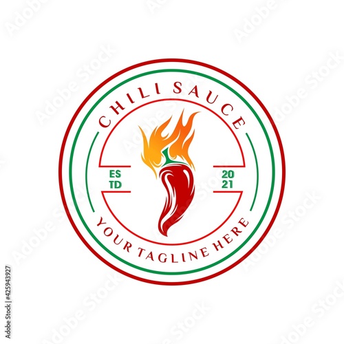 Spicy sauce logo template design with a chilli. Vector illustration.
