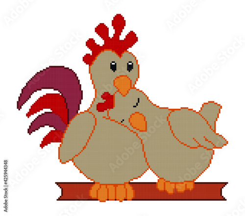 chickens pixel art on white background.