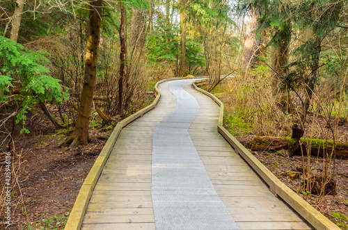 Wooden path at Deer Lake trail in Vancouver, Canada.
