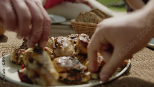Barbeque Fried Chicken Meat and Vegetables Plate Man Chef Putting on Picnic Blanket. Family Persons Taking Hot Nutrition for Eat from Tray. People Enjoy Fresh Cooked Meal Outdoor Tracking Shot