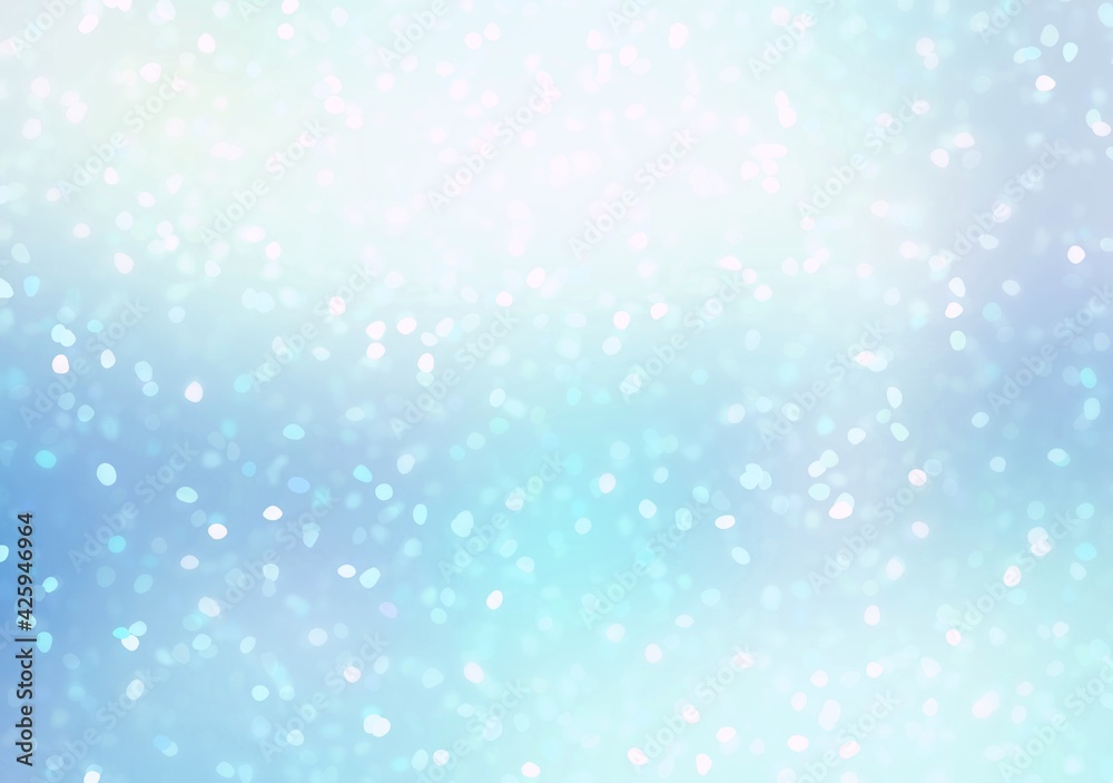 Snow petals fly on blue clear blurred background. Light winter illustration. Delicate glass glitter abstract texture.