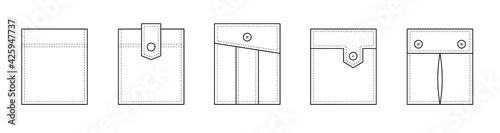 Patch pocket. Set of uniform patch pockets shapes for clothes, dress, shirt, casual denim style. Isolated icons.