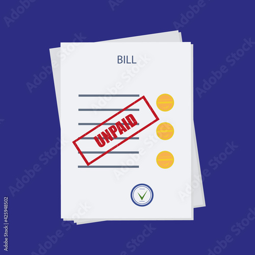Unpaid, past due or overdue bill. An expense document with a delay in payment. Debt or past purchase notice. Financial data, stamp, red mark. Vector