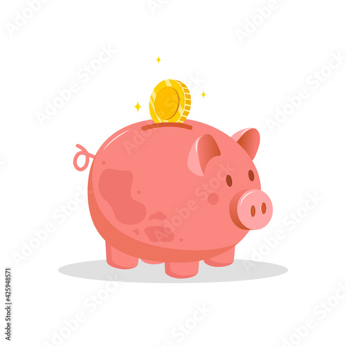 Piggy bank with falling coins. Save money concept. Investments in future. Financial symbol. Banking or business services. Vector illustration in flat cartoon style.