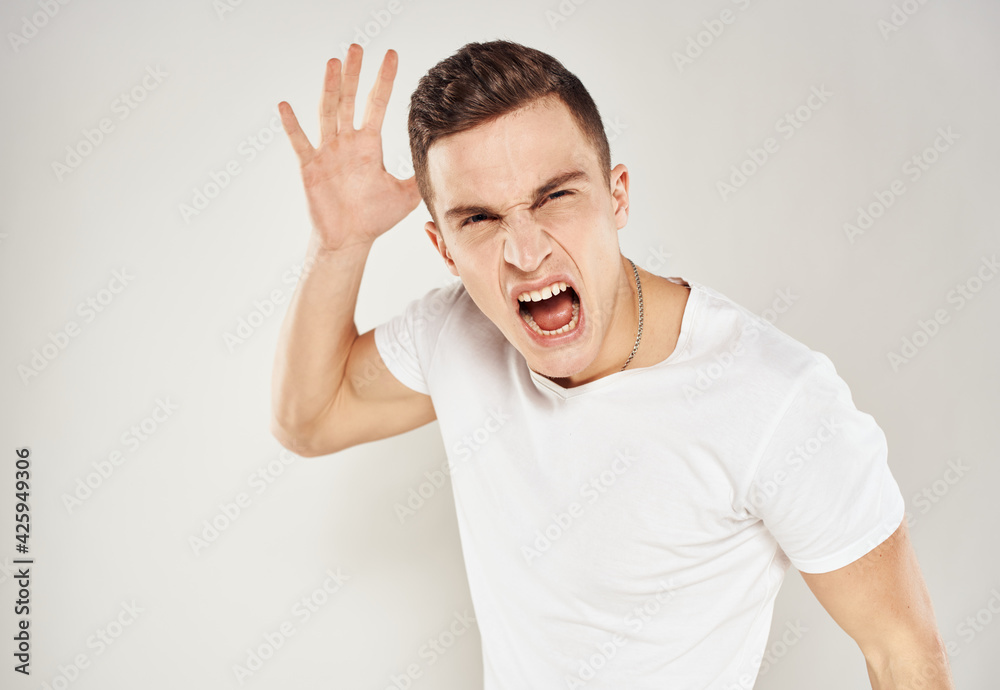 Portrait of Crazy Man Screaming Stress Irritability Model Light Background Portrait of Crazy Man Screaming Stress Irritability Model Light Background