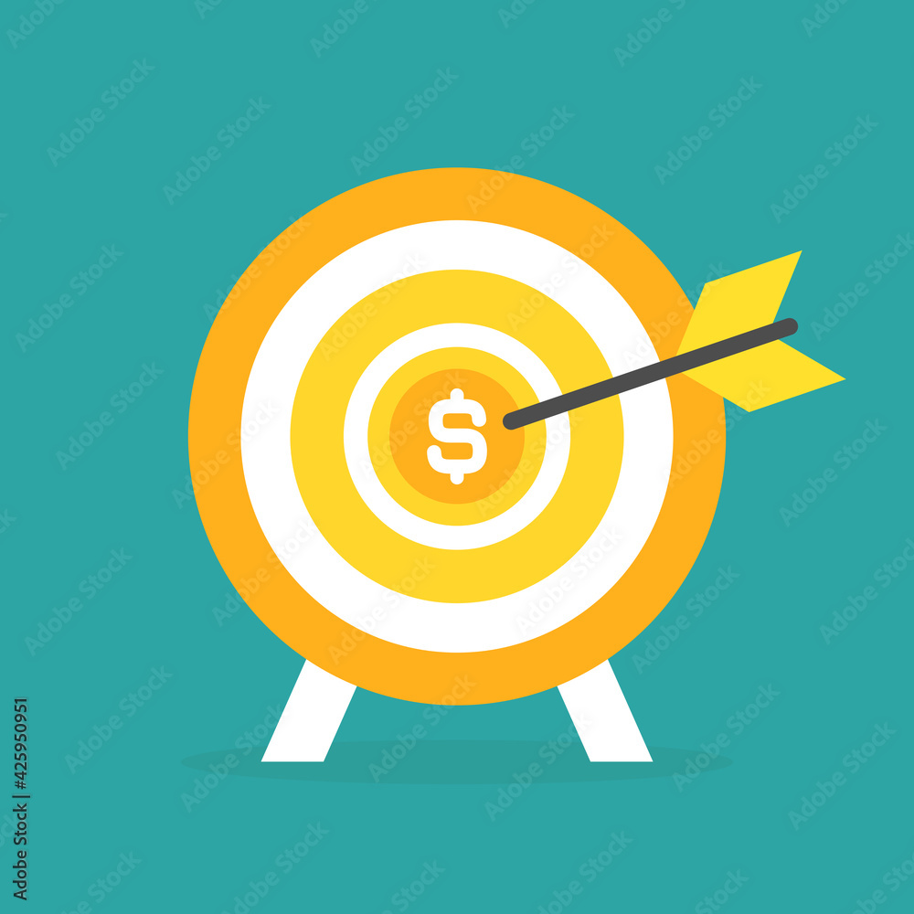 Golden archery target with arrow and dollar coin in center on blue background. Golden archery target with arrow and dollar coin in center on blue background.