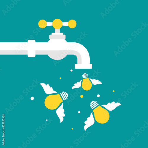 Tap or faucet with flying idea bulbs. Imagination, fantasy resource concept.