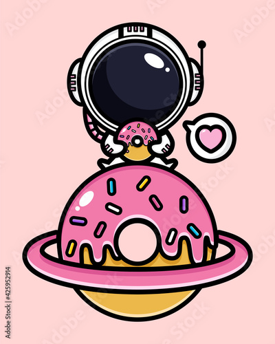 cartoon cute astronaut vector design sitting on planet saturn donut shape