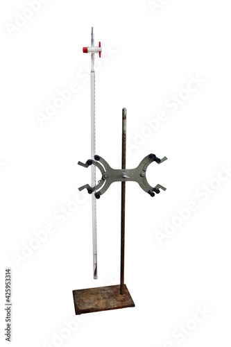 Ring Stand Base with Rod, Buret and Buret clamp isolated on white background with clipping path. Basic glassware in a chemical laboratory.