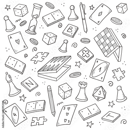 Hand drawn set of board game element, cards, chess, hourglass, chips, dice, dominoes. Doodle sketch style. Isolated vector illustration for board game shop, store, game competition.
