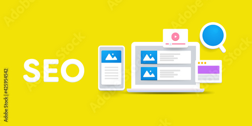3d Style SEO concept. Search result on laptop and smartphone screen. Digital marketing, multi media, website information technology abstract yellow background. © Sammby
