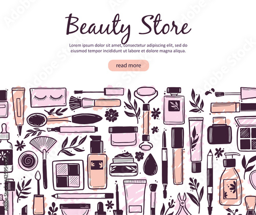 Hand drawn template with makeup beauty cosmetic elements, mascara, cream bottle, skin brush. Doodle sketch style. Illustration for makeup, beauty salon, cosmetic store banner, frame, poster design.