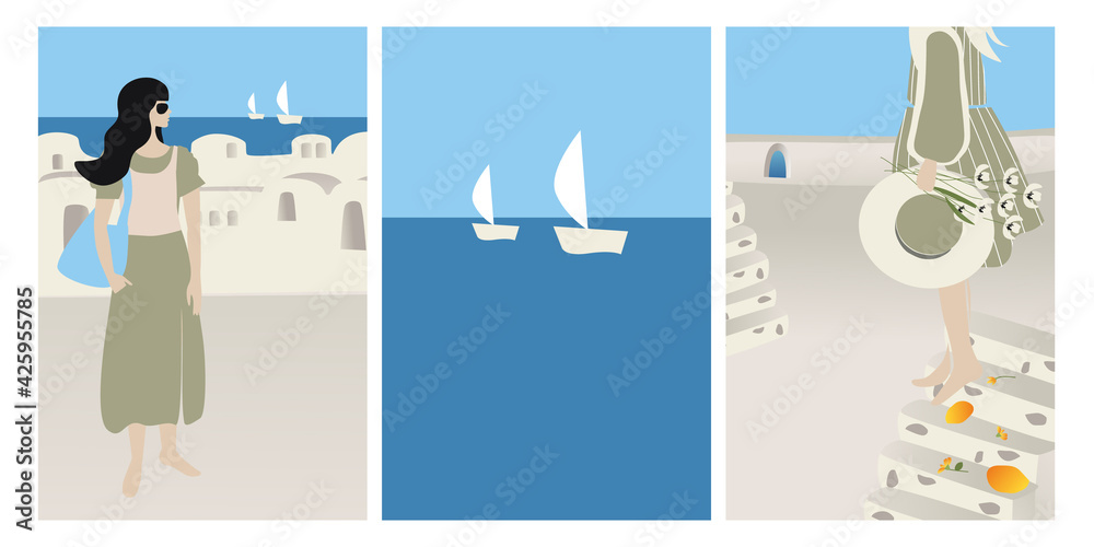 Vector Set Summer vacation theme and inspiration. Beautiful girls tourists and abstract place, village  in Santorini, Spain, Greece and Italy. Travel Vector illustrations and design