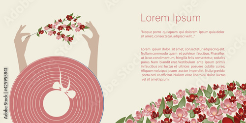 Concept of bloom and femininity, a girl top view and many flowers. Vector illustration of floriculture, banner for website, flyer, leaflet with text