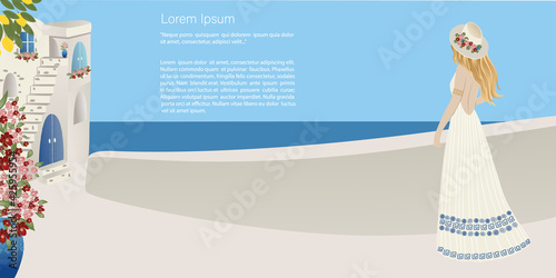 Travel concept. Girl tourist in the old town on the coast abstract place, village  in Santorini, Spain, Greece and Italy. Banner, template for a website with text. Travel Vector illustrations 